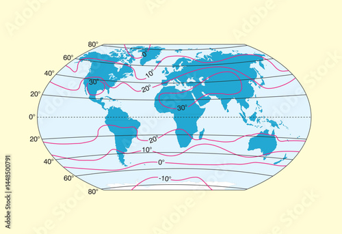 Geography landforms and elevation vector illustration. World isotherm map and temperature map for July and January