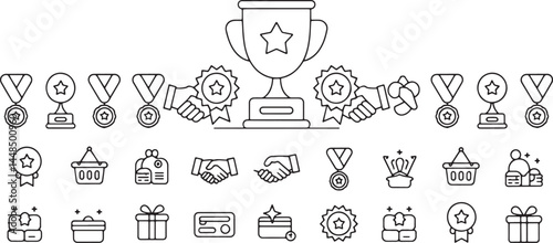 Benefit set of web icons in line style. Exclusive benefits linear icon collection. Containing reward, bonus, loyalty, star, winner, award, prize, incentive, reward and more