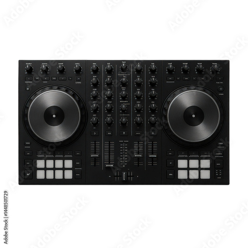 Professional black DJ controller with dual jog wheels and a detailed interface for expert sound manipulation.