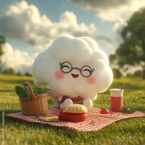 A cute cartoon cloud character enjoys a picnic on a checkered blanket in the park
