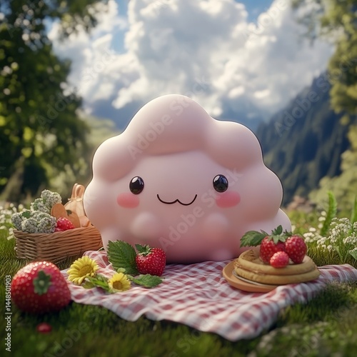 A delightful, fluffy, and cheerful cloud-shaped character on a picnic blanket, enjoying a sunny day in a beautiful natural environment. The scene is a whimsical, enchanting.