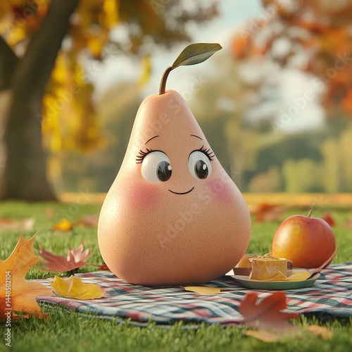 A charming pear character, complete with facial features, enjoying a picnic outdoors amidst autumn leaves