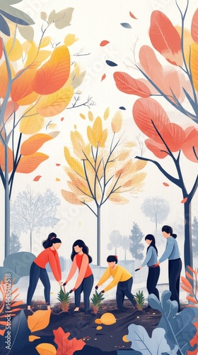 A group of people planting trees together in the park during autumn, promoting environmental care and community involvement