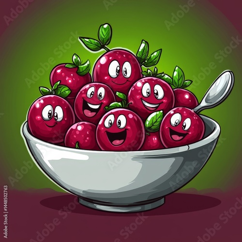 Happy cartoon cranberries in a bowl with a spoon