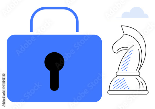 Blue lock with keyhole next to a chess knight, symbolizing security and strategic thinking. Ideal for protection, game plan, decision making, cybersecurity, privacy, foresight planning. Flat simple