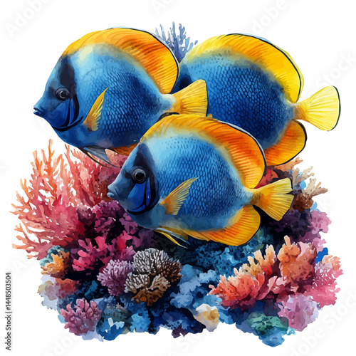 Coral Reef Teeming With Fish, vector watercolor illustration, isolated on a white background.