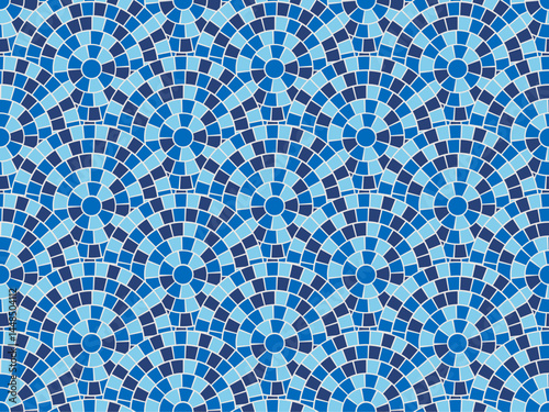 Mosaic tile pattern Greek blue sea texture background Rome circular vector ornament. Ancient Mediterranean building stone pavement radial design. Vintage Italian bathroom decor illustration.