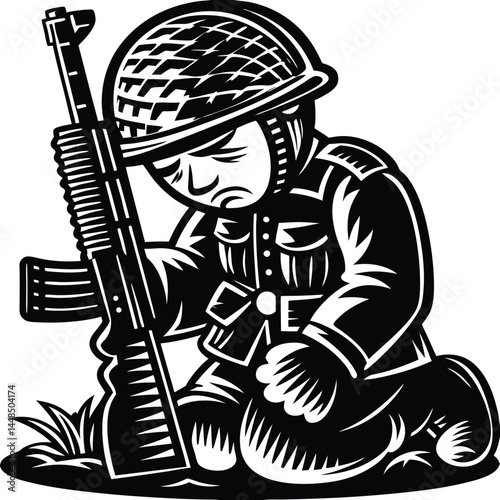 Soldier Kiss With Rifle Set Of Silhouette Vector , male, man, uniform, helmet, boots, standing