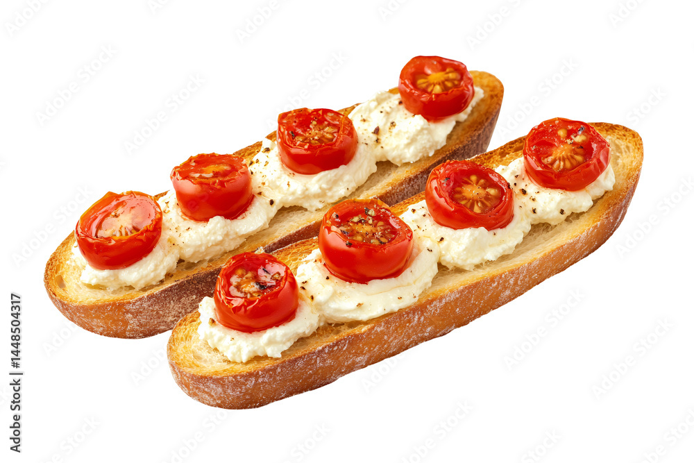 a pair of toasted bread with cherry tomatoes and cheese a pair of toasted bread with cherry tomatoes and cheese