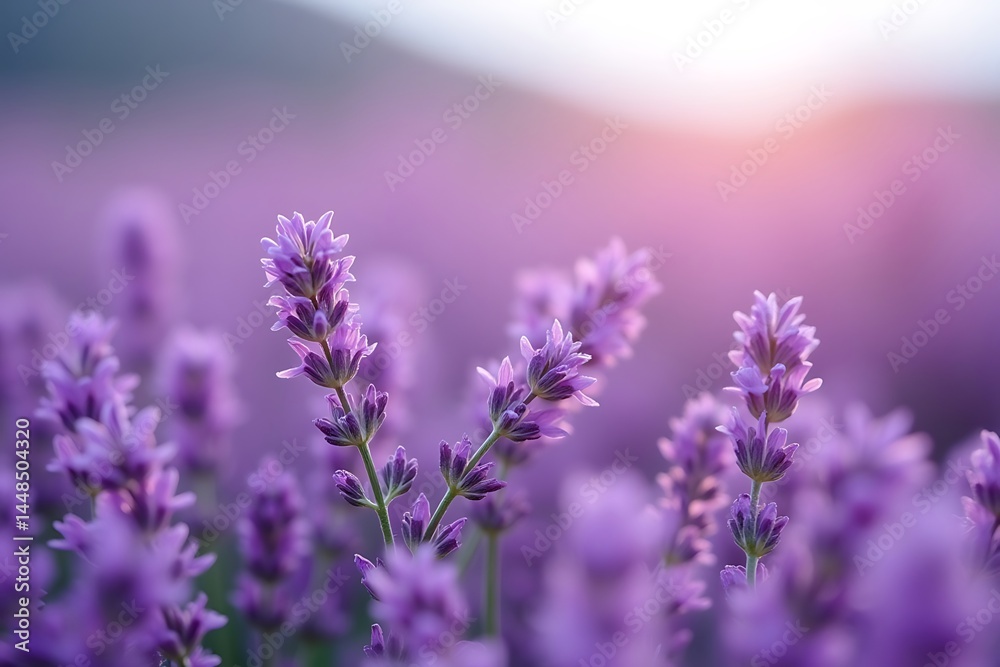 Fototapeta premium Serene Lavender Field: Close-Up of Purple Blooms Against a Soft, Blurred Background with Gentle Sunlight Highlights. 