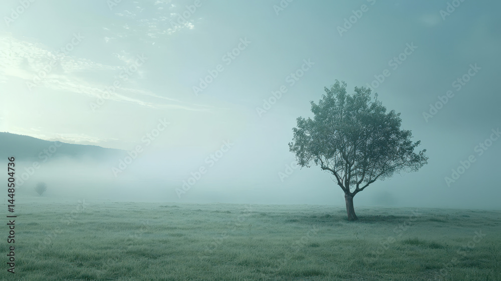 Single Tree in Foggy Field Single Tree in Foggy Field