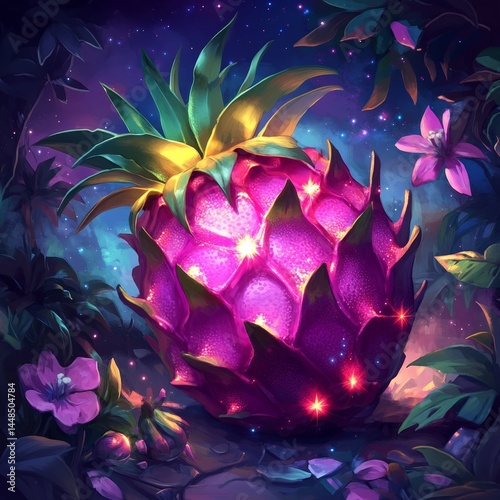 Magical Dragon Fruit in Enchanting Forest at Night. The fruit illuminated with a purple glow amidst the mystical forest setting. 
