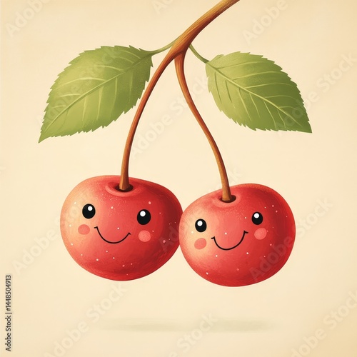 Two cheerful cherries with cute smiley faces hanging from a branch, a joyful and playful scene