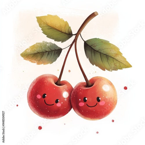 Two cheerful cherries with happy faces, perfect for adding a touch of sweetness and joy to any project. The vibrant red of the cherries contrasts beautifully with the delicate green leaves