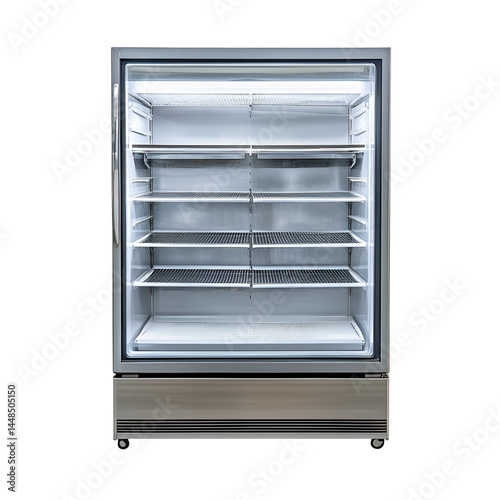 Empty commercial refrigerator stainless steel shelves cold storage