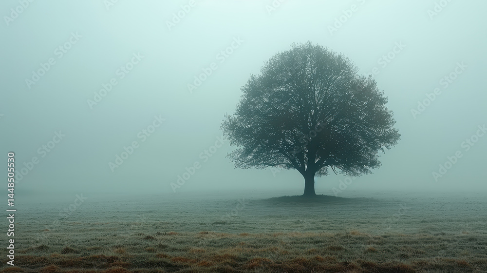 Single Tree in Foggy Field Single Tree in Foggy Field