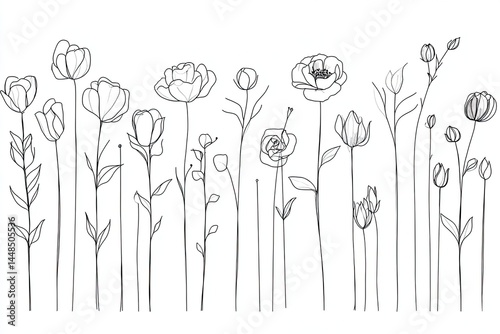 Various black line flowers create an artistic and organic botanical row over a white background