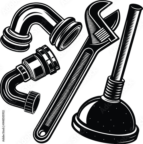 Single Plumber Tool Set Of Silhouette Vector , home, improvement, metal, steel, handle, grip, tight, loosen, bolt, nut, water, system