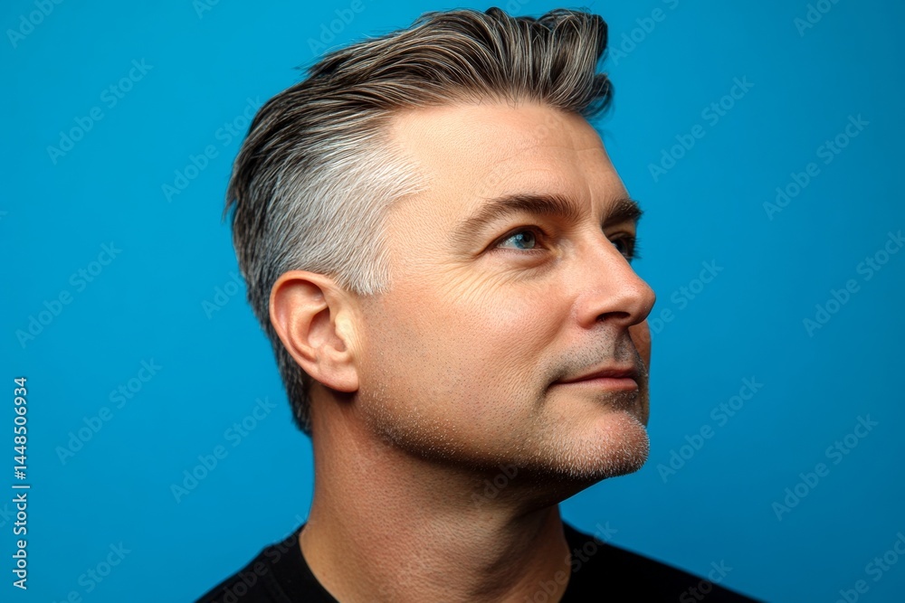 Blue solid background. Conceptual art of style for aging men. Modish men's quiff haircut - midlife white man with hair. A man with expressive eyes and a joyful gaze.
