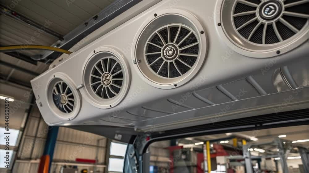 A closeup of an upgraded ventilation system installed in the garage featuring vents that regulate airflow while ensuring exhaust fumes from larger vehicles are safely expelled.