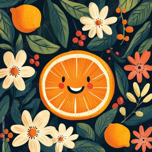 A cute cartoon orange slice smiling happily amid a floral arrangement