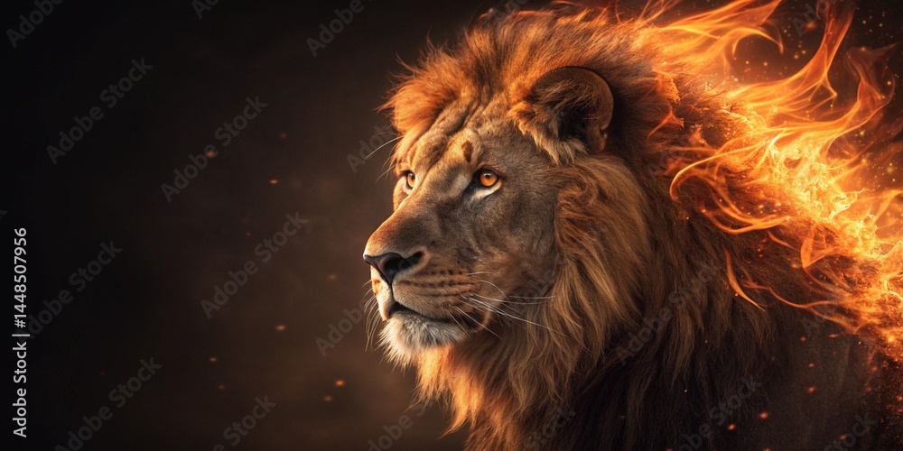 Naklejka premium A high-resolution photo of a lion with a mane made of burning flames, dark background, surreal lighting, intense glowing effect, clear details