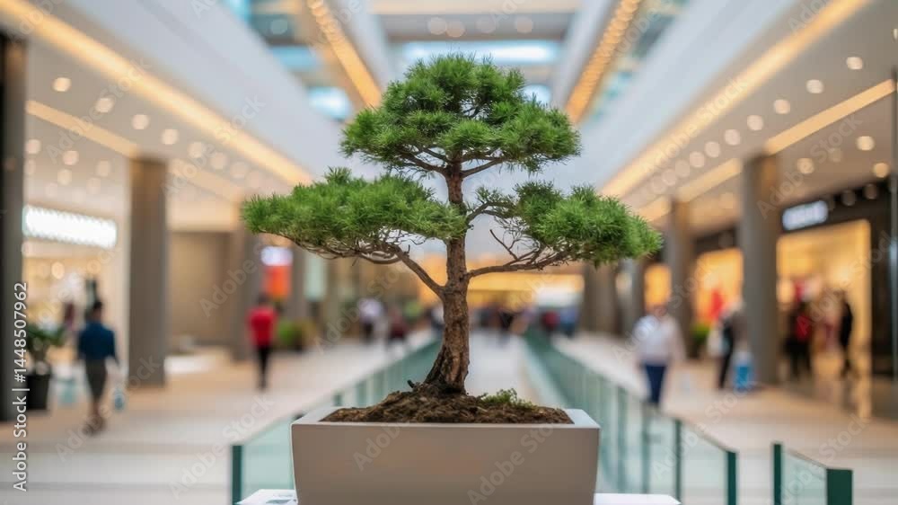 A closeup of a singular twisted bonsai tree growing in a minimalistic container embodying balance and tranquility amid the atriums bustling environment.