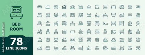 Bed Room icon set. Contains such symbols as home, house, couch, room and more. Bedchamber icon set. Minimalist icons collection. Editable vector art and illustration.