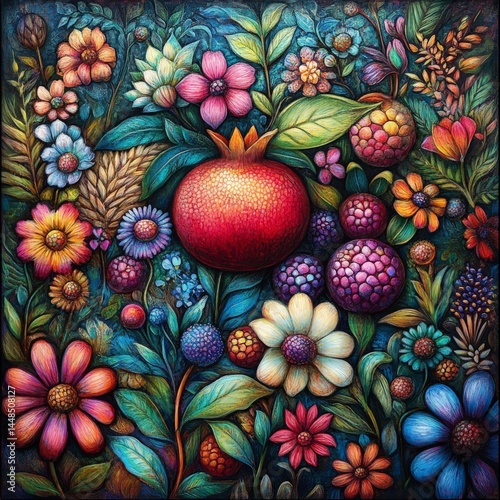 A vibrant floral illustration with a red pomegranate. The artwork features colorful flowers and berries in an eye-catching arrangement. 