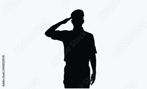 Soldier saluting silhouette, black and white, military salute figure, army man silhouette, soldier outline vector icon