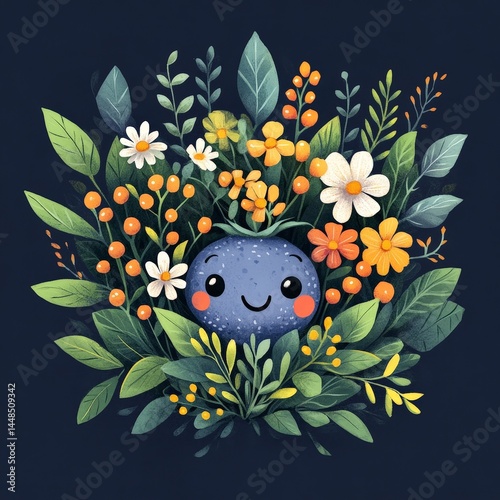Cute blueberry with smiling face among colorful flowers on blue background 