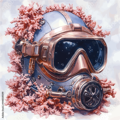 illustration of Coral-covered Diving Helmet, watercolor vector, isolated on a white background.