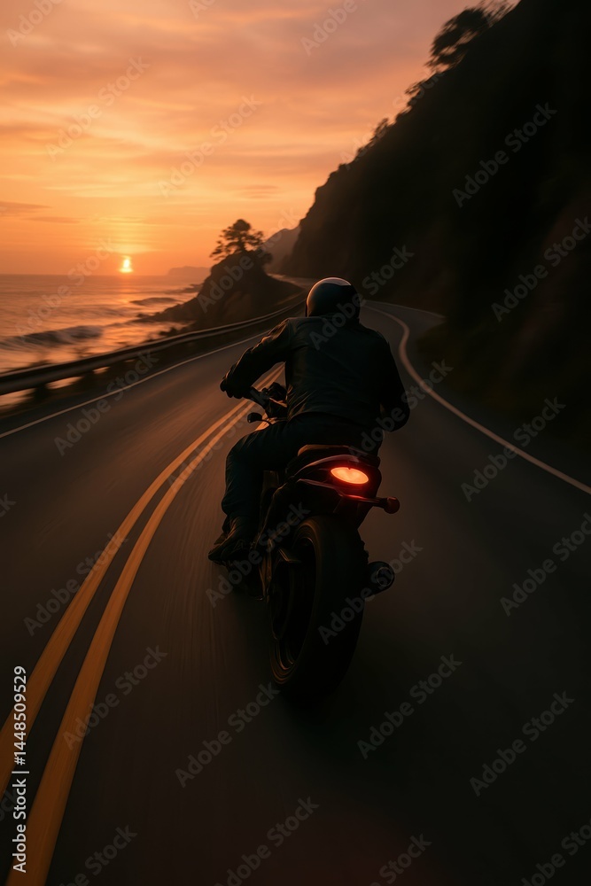 Scenic Sunset Ride on Motorcycle Along Curvy Coastal Road