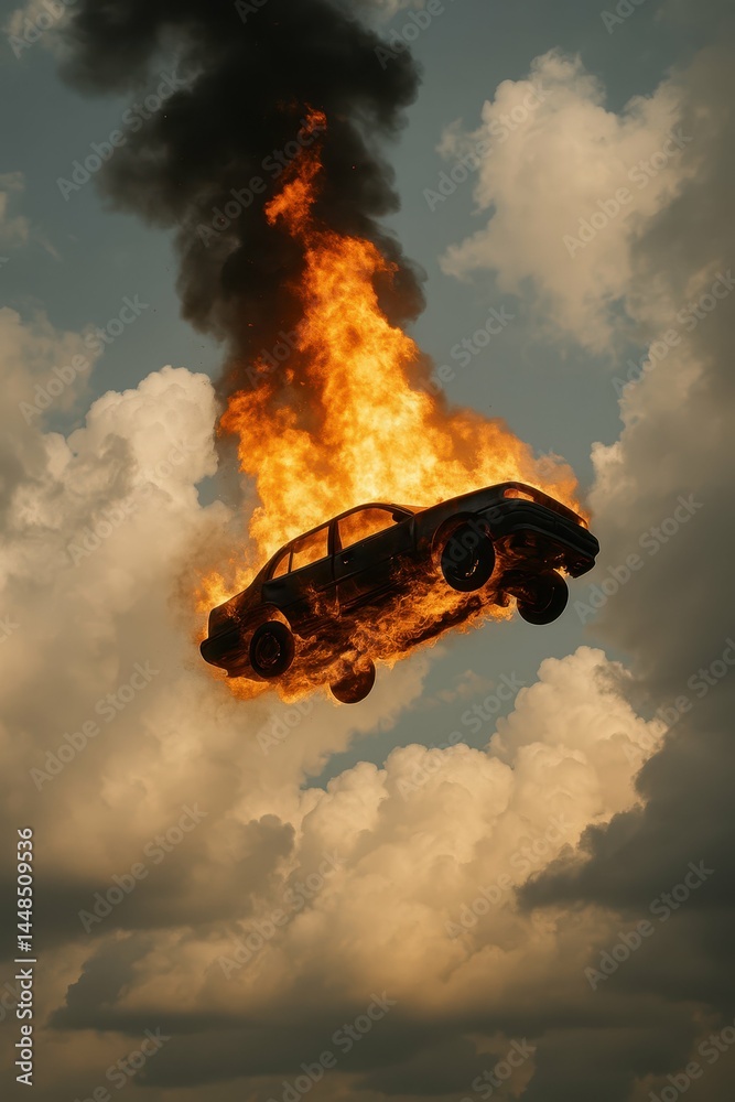 Flaming Car in Sky Surrounded by Dramatic Clouds and Smoke