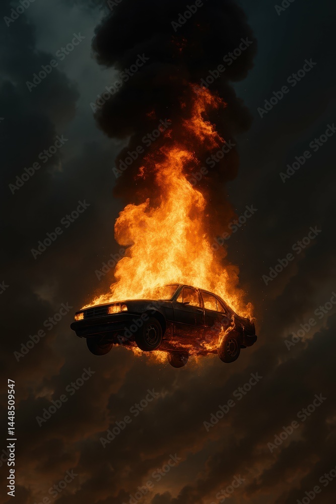 Dramatic Image of a Car Engulfed in Flames Against a Dark Sky