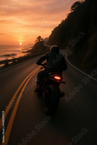 Obraz na płótnie Scenic Sunset Ride on Motorcycle Along Curvy Coastal Road w salonie