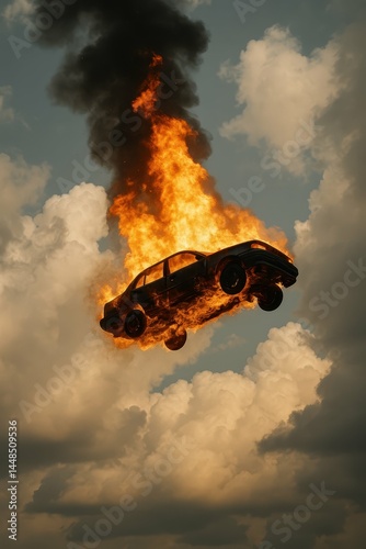 Flaming Car in Sky Surrounded by Dramatic Clouds and Smoke