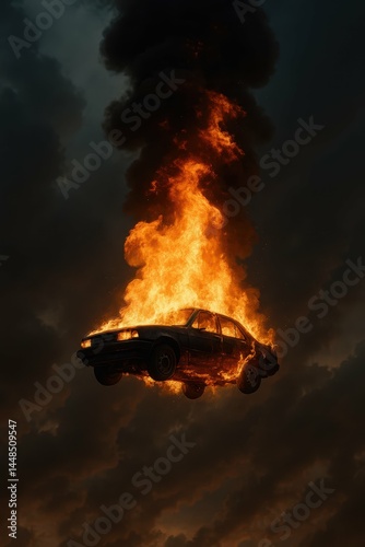 Obraz na płótnie Dramatic Image of a Car Engulfed in Flames Against a Dark Sky w salonie