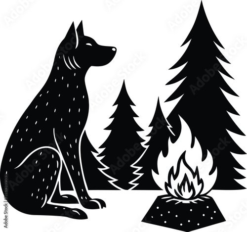 Dog Sitting Near Campfire Silhouette