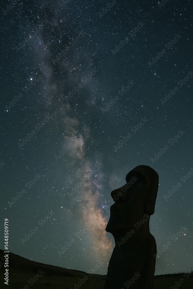 Starlit Moai Under Night Sky with Milky Way Background