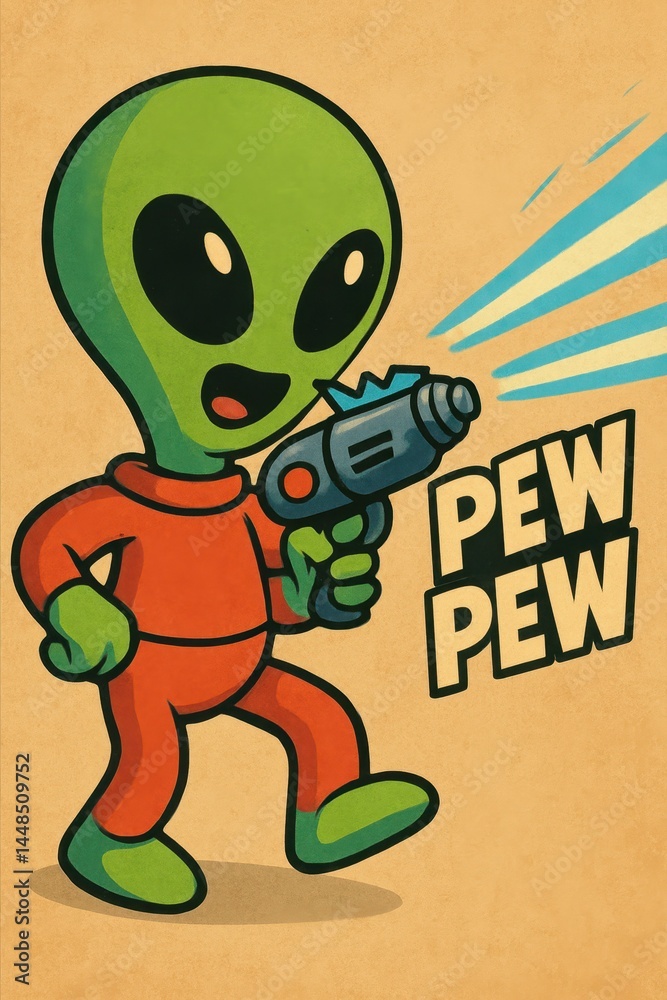 Fun Alien Character with Laser Blaster in Retro Style Illustration