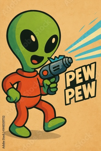Obraz na płótnie Fun Alien Character with Laser Blaster in Retro Style Illustration w salonie