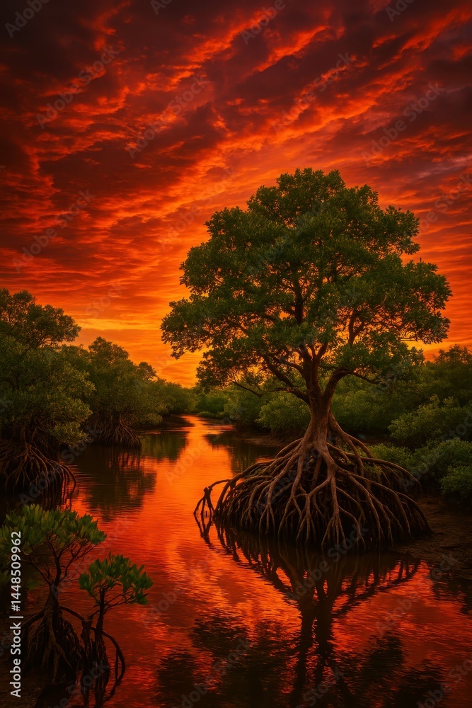 Majestic Sunset Over Mangrove Trees Reflecting in Calm Water