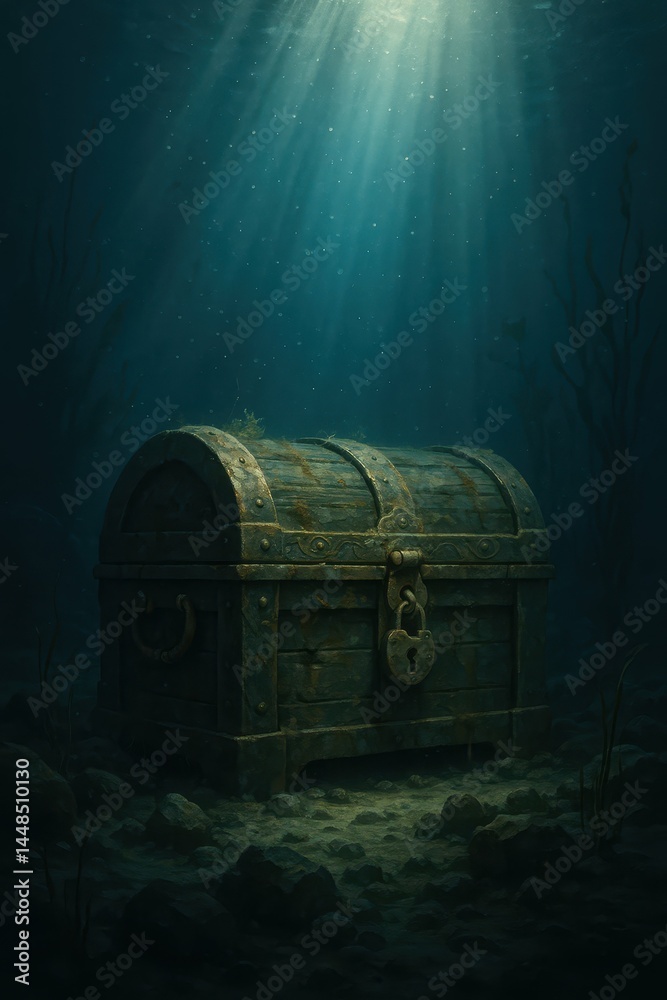 Sunlit Treasure Chest Submerged in Mysterious Underwater Scene