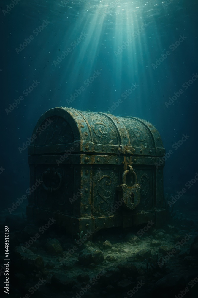 Underwater Treasure Chest Surrounded by Rays of Sunlight