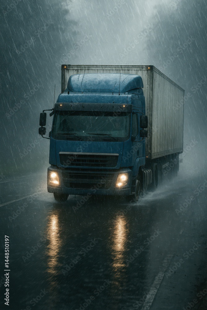 Blue Truck Navigating Through Heavy Rain on a Wet Road