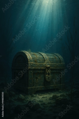 Obraz na płótnie Sunlit Treasure Chest Submerged in Mysterious Underwater Scene w salonie
