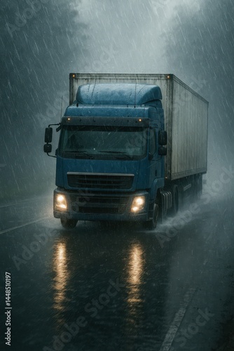 Obraz na płótnie Blue Truck Navigating Through Heavy Rain on a Wet Road w salonie