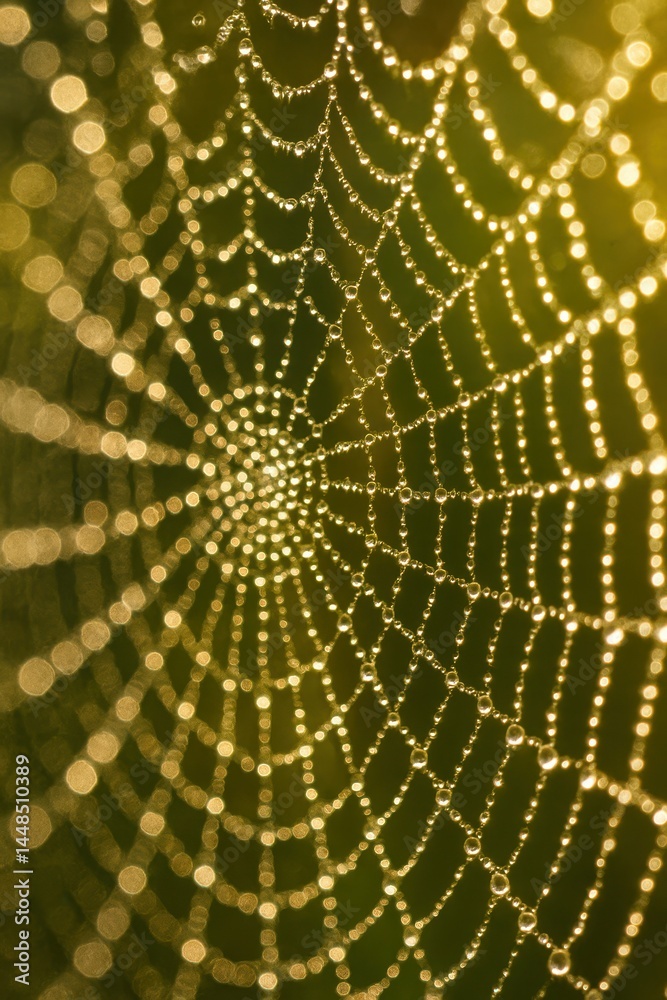 Dewy Spider Web with Glimmering Drops in Soft Green Background