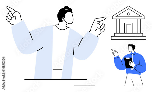 Large central figure pointing in two directions alongside a professional gesturing towards a building. Ideal for leadership, decision-making, mentorship, governance, authority, education
